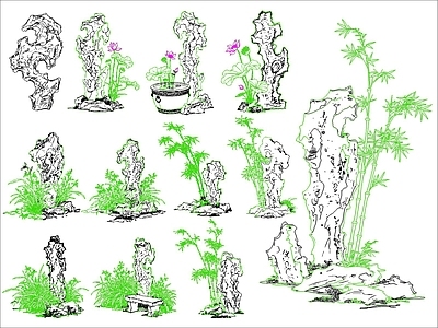 中式假山水景图库 绿植与太湖石 施工图