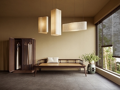 新中式禅意罗汉床 衣柜 吊灯 花艺 鼓凳