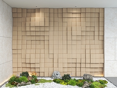 现代新中式背景墙 实木背景墙 方块起伏背景墙 新中式背景墙 室内景观 室内植物造景