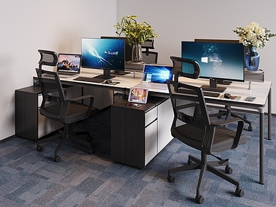 现代办公大厅 办公区 办公桌椅 电脑 平板 花艺