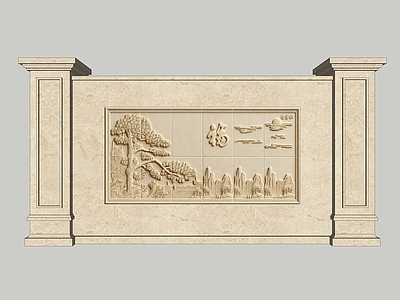 中式欧式景墙 2D砂岩浮雕 景墙照壁 迎客松 石材壁画图案 门柱