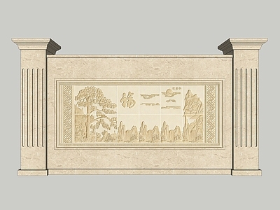 中式法式景墙 2D砂岩浮雕 景墙照壁 迎客松 石材壁画图案 门柱
