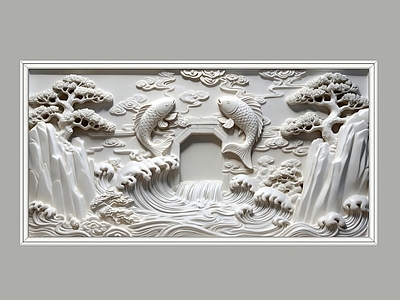 新中式中式浮雕 2D汉白玉浮雕 石材石雕 鱼跃龙门 背景墙壁画 图案贴图