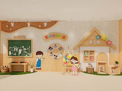 现代原木幼儿园内部 幼儿园走廊 幼儿园大厅 幼儿园艺术主题墙