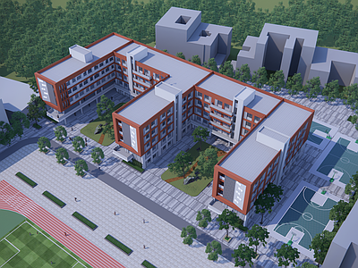 现代极简学校建筑 教学楼学校 学校操场
