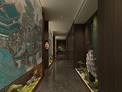 新中式中式中餐厅 过道 景观 雕塑