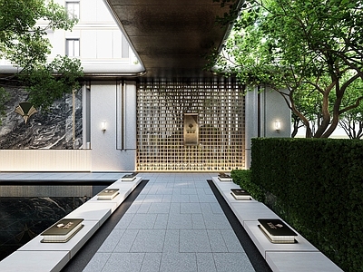 简约复古小区景观 简约海派景墙水院 简约海派对景景墙 华润示范区后场 华润润熙府连廊 海派景观连廊景观