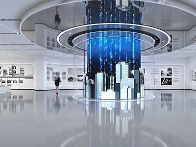 现代科技展厅 现代科技展厅 现代简约企业展厅 圆形柱多媒体展项 城市剪影多媒体展 LED多媒体展项