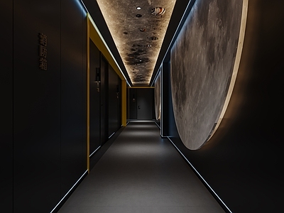 现代电竞房 电竞酒店 走廊 过道 月球灯