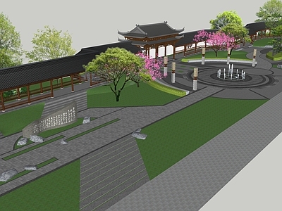 中式中古景观公园 中式游园 中式公园 圆形广场 连廊 中式围墙