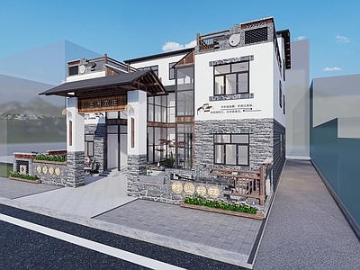 现代新中式风格建筑 乡村民宿 酒店 庭院