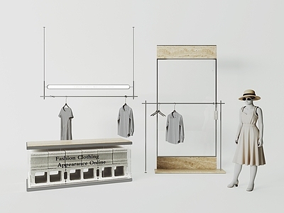 现代极简服装店 服饰衣架挂架吊架 玻璃流水台展台 女装假人模特 玻璃屏风 女装店