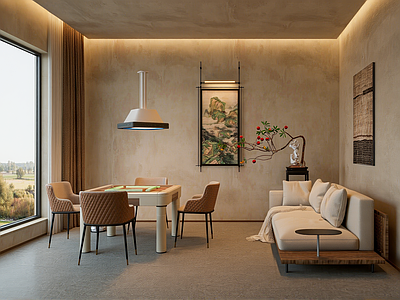 侘寂棋牌室 侘寂风棋牌室 麻将房 麻将桌 单椅 沙发