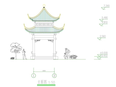 仿古建筑 仿古亭 重檐四角亭 重檐亭 施工图