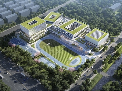 现代学校建筑 中学 足球场 风雨操场 教学楼 综合楼