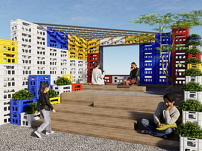 现代台阶景观 景观台阶 啤酒箱 塑料收纳筐 筐子