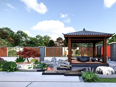 现代新中式别墅庭院 新中式庭院 亭子 叠水
