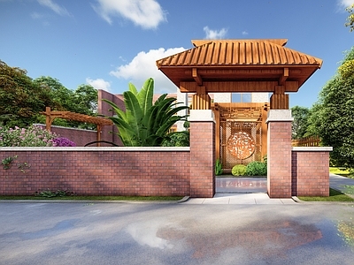 现代别墅庭院 庭院 现代庭院 廊架 木质门楼