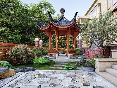 现代别墅庭院 庭院 六角亭 护栏廊架 水景