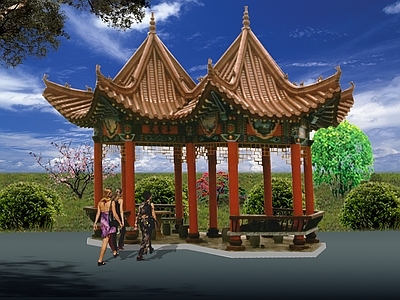 仿古建筑 鸳鸯六角亭 仿古双亭 姐妹六角亭 施工图