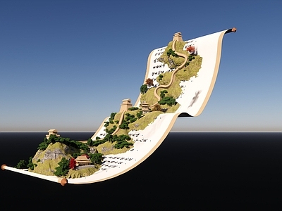 现代简约摆件组合 3D画卷 长城 山 画
