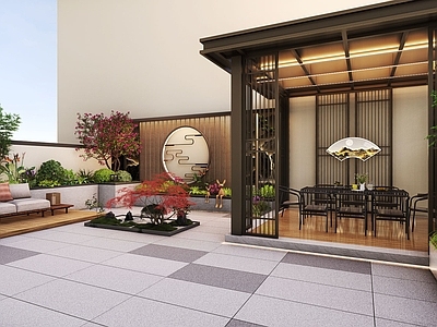 新中式现代别墅庭院 新中式别墅庭院 现代庭院景观花园 景墙 新中式亭子 现代别墅花园
