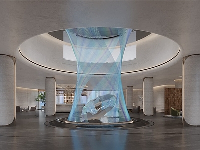 现代酒店 酒店大堂 雕塑装置 装饰 酒吧区 洽谈区