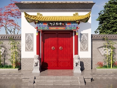 复古原木入口大门 中式彩绘屋檐 原木彩绘屋檐 复古门头 原木复古门头