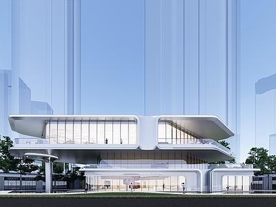 现代极简售楼处建筑 现代悬挑售楼处 售楼处后场 下沉庭院