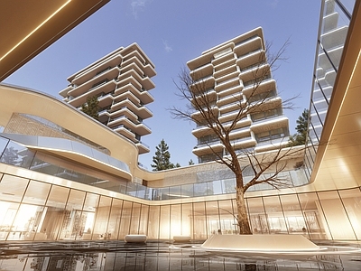 现代轻奢小区建筑 现代轻奢高层小区 现代轻奢高层住宅 底层架空连廊系统 下沉庭院 中心景观
