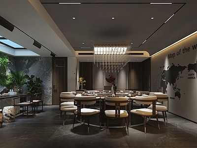 新中式包厢 新中式包间 餐厅包房 茶桌景观 圆桌餐椅