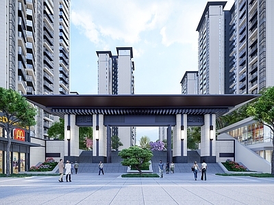 新中式小区景观 新中式小区门楼 住宅小区 居住区景观建筑 居住小区售楼部景