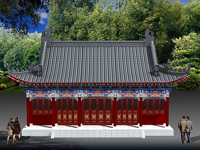 中式复古古建 仿古大殿 五门单檐大殿 寺庙大殿 中式大殿
