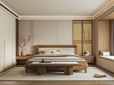 禅意新中式家居卧室 宋代美学背景墙 床头背景墙 实木双人床 发光墙画背景墙 无主灯飘窗卧室
