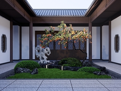 中式别墅庭院 花园天井中庭小景 造型柿子树 柿柿如意 主景树精美庭院树 弯杆斜飘柿子树