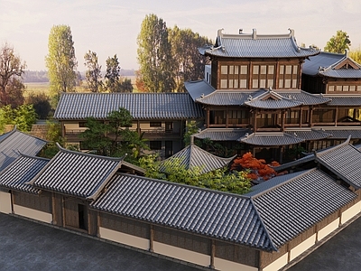 新中式中式古建 庭院 古楼 园林 景观 古建
