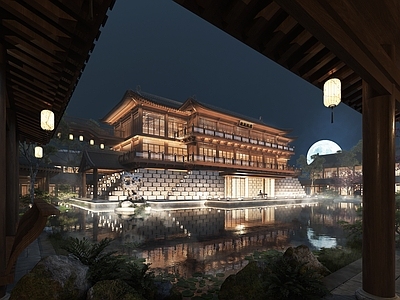 中式新中式酒店外观 中式酒店 民宿 酒店夜景 高档酒店 写意酒店