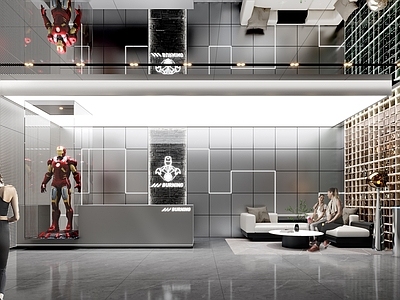 现代健身房 健身房前台 钢铁侠 机械墙面