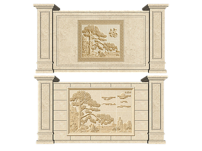 中式欧式景墙 2D砂岩浮雕 景墙照壁 迎客松 石材壁画图案 门柱