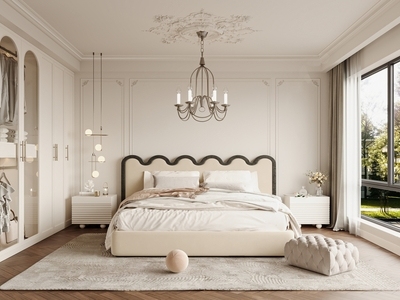 法式家居卧室 法式双人床 现代壁灯 床头柜组合