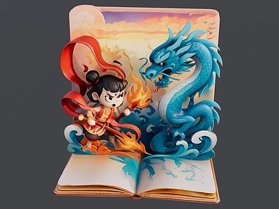 现代其他摆件 书本上的哪吒 敖丙龙身