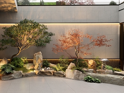 现代侘寂别墅庭院 现代侘寂庭院 下沉庭院 天井 自然式庭院 置石景观