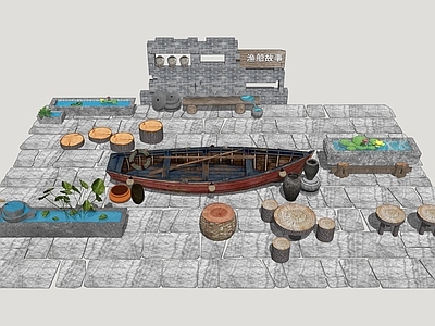 新中式庭院小品 石槽水景 石板铺装 渔船 木桩坐凳 庭院铺装小品