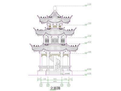 仿古建筑 中式古建二层亭 三重檐亭 古建亭 施工图