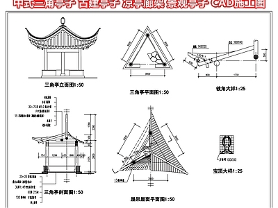 中式三角亭子 古建亭子 凉亭廊架 水榭 景观亭子 CAD施工图