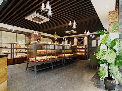 现代工业甜品面包店 面包店 甜品店 绿植 面包 展示柜