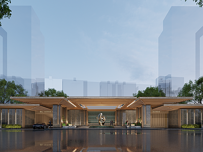 现代新中式小区建筑 现代小区大门 豪宅入口大门 现代中式大门