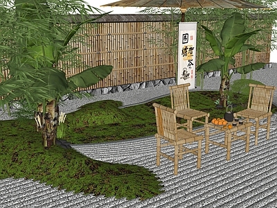 中式景观座椅 中式座椅组合 植物搭配 特色伞 围炉煮茶 篱笆围墙