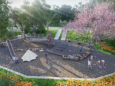 现代原木儿童游乐空间 林下儿童区 地形高差