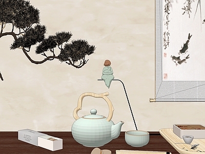 新中式摆件组合 现代茶具摆件 茶壶 中式挂画